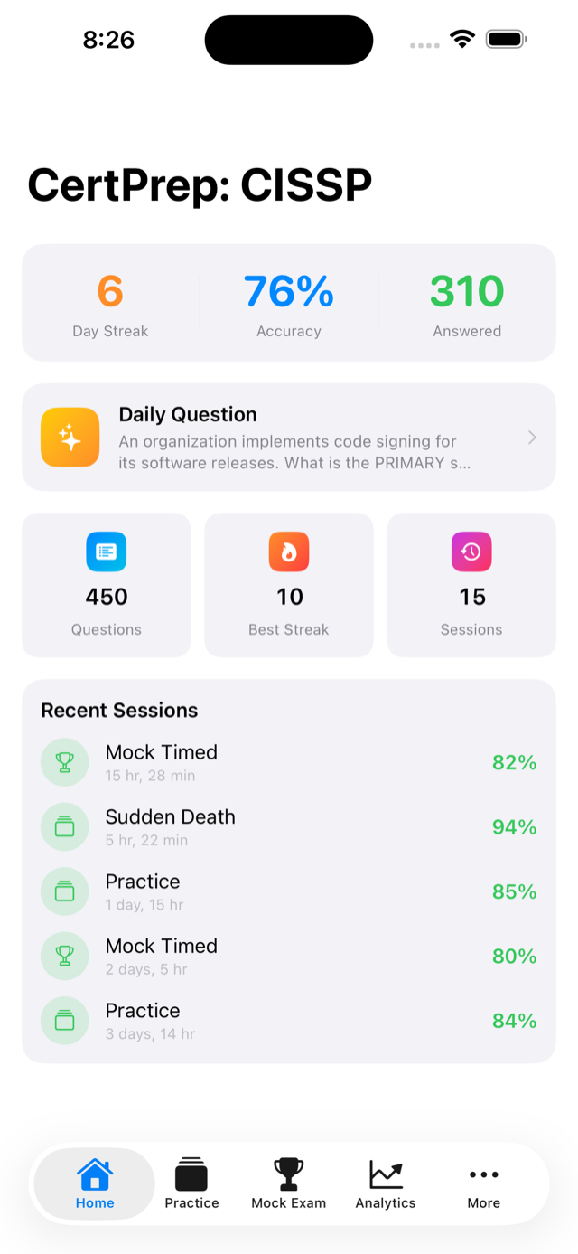 CertPrep home screen