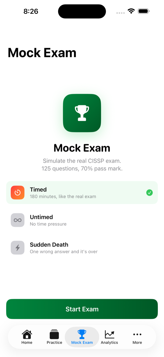Mock exam configuration and results screen